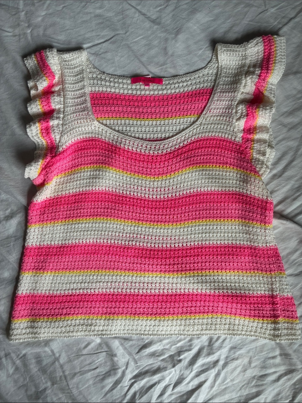Lilly Pulitzer White Crochet Top with Hot Pink & Yellow Stripes